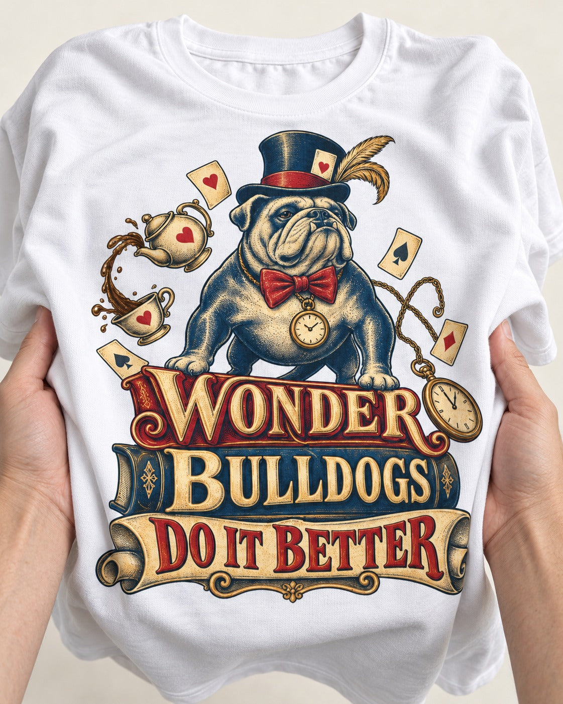 Wonder English Bulldog T-Shirt in White, close-up of the graphic
