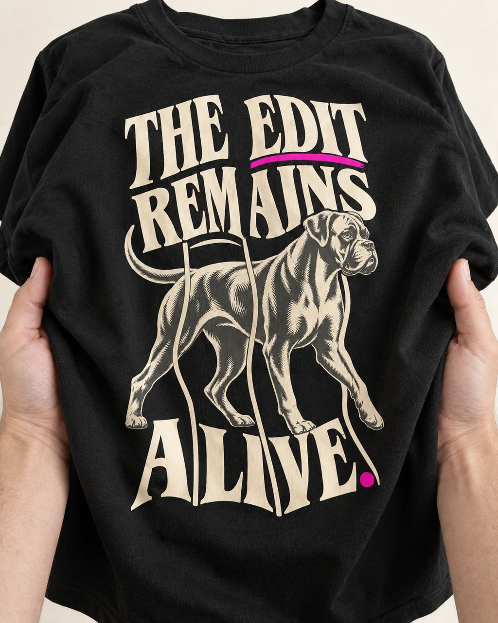 The Edit Remains Alive Boxer T-Shirt in Black, close-up of the graphic
