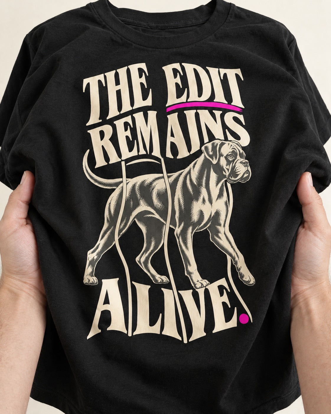 The Edit Remains Alive Boxer T-Shirt in Black, close-up of the graphic