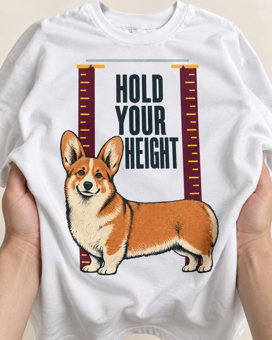 Corgi Hold Your Height T-Shirt in White, close-up of the graphic