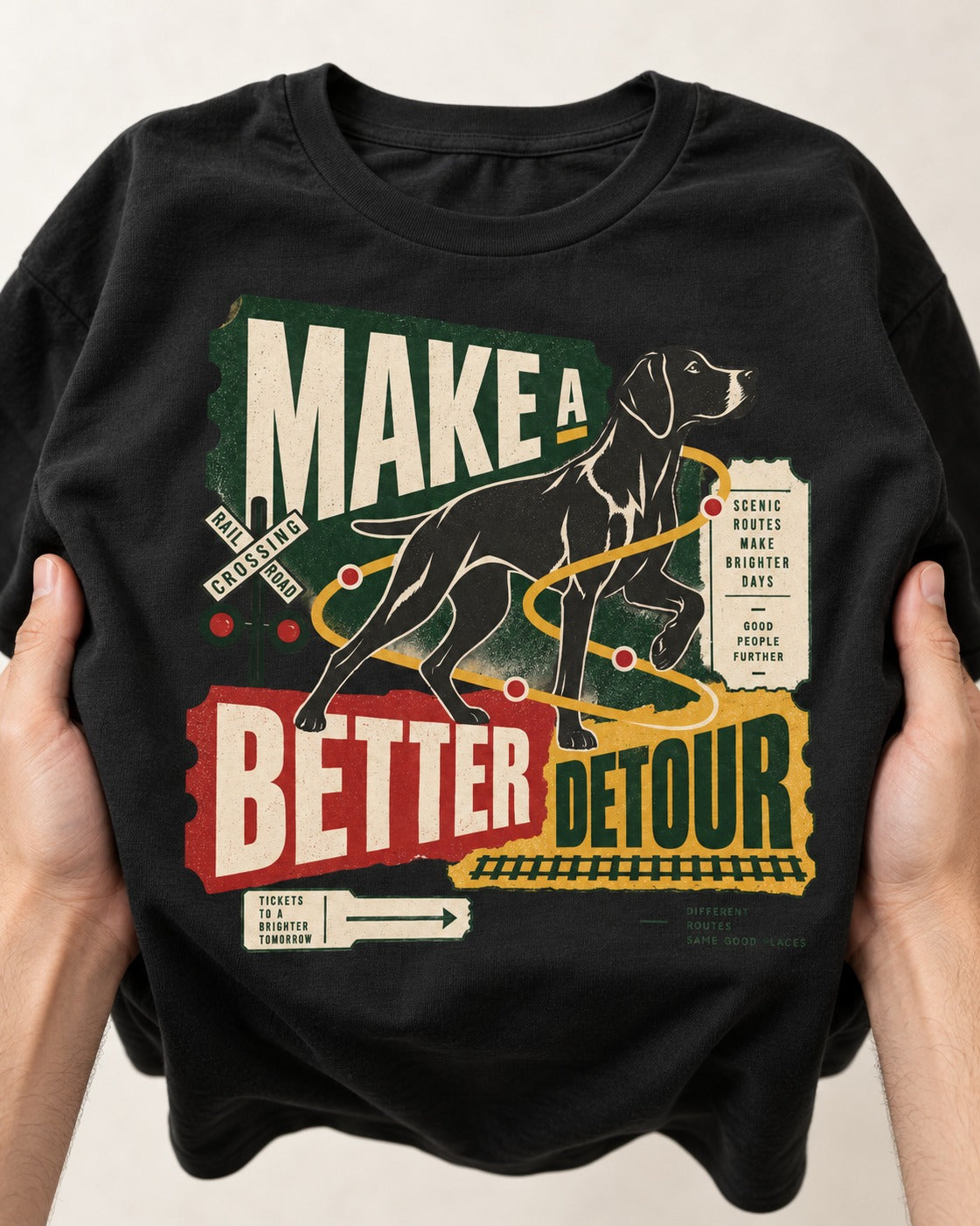 German Shorthaired Pointer Make a Better Detour Railroad Graphic T-Shirt in Black, close-up of the graphic