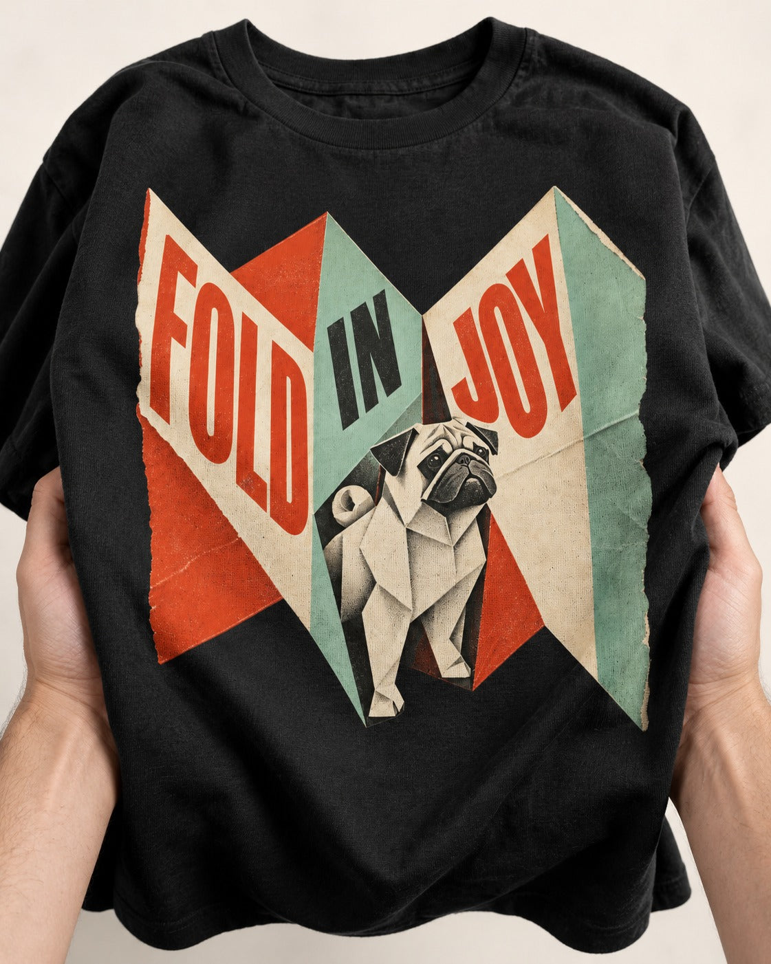 Pug Fold in Joy Geometric Poster Graphic T-Shirt in Black, close-up of the graphic