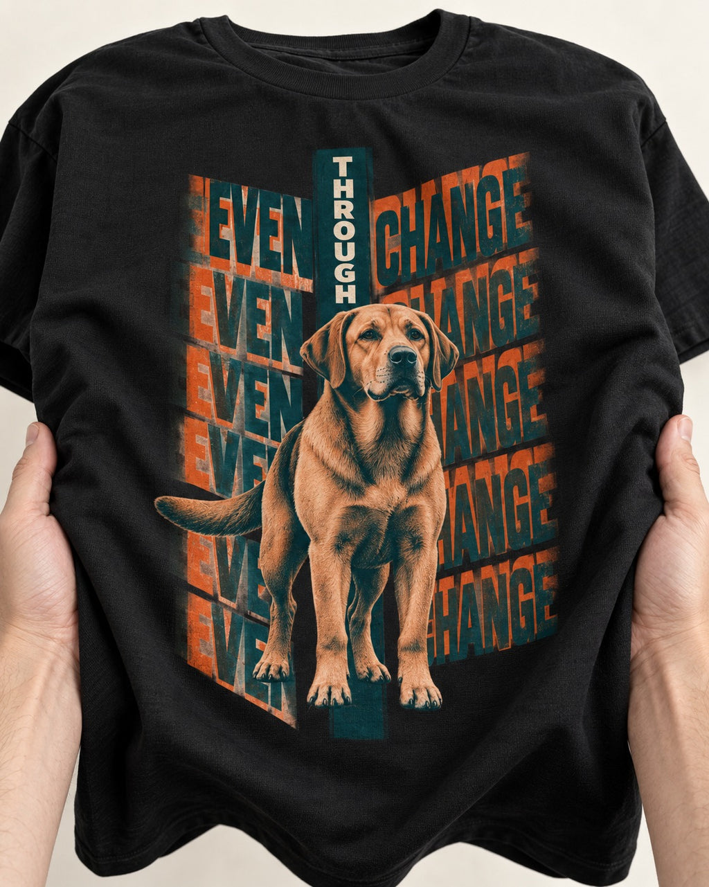Labrador Retriever Even Through Change Repeated Poster Graphic T-Shirt in Black, close-up of the graphic