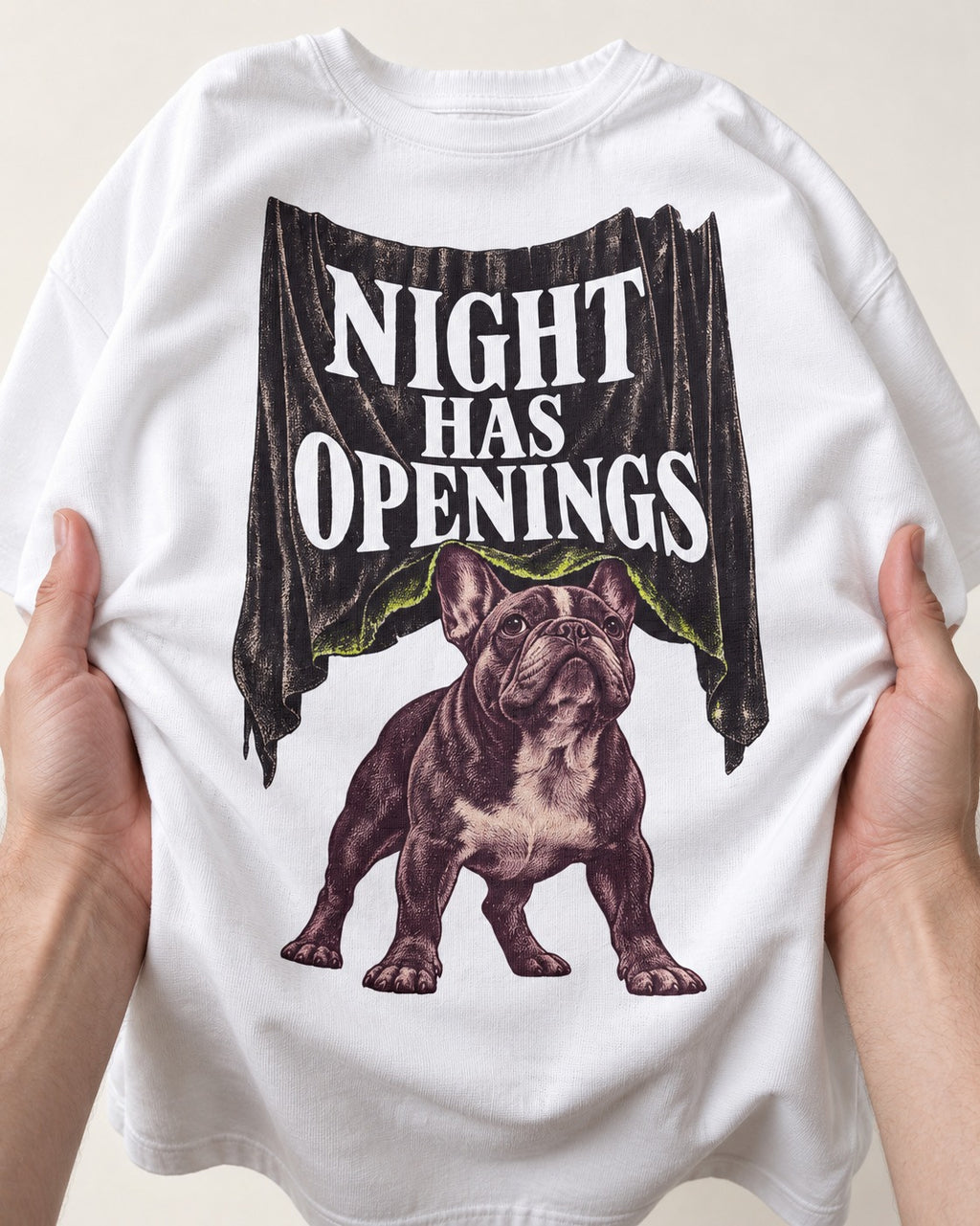 Night Has Openings Frenchie T-Shirt in White, close-up of the graphic