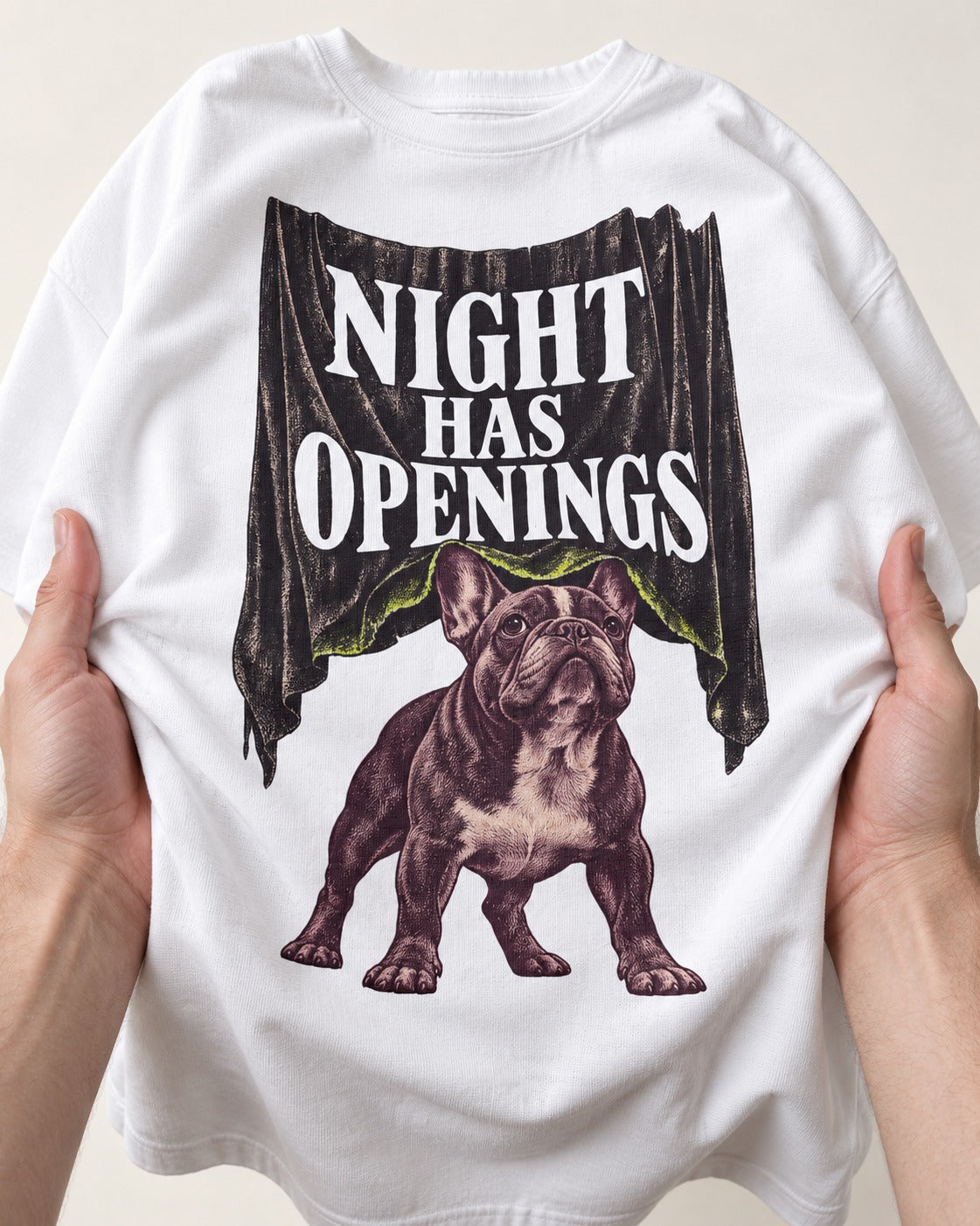 Night Has Openings Frenchie T-Shirt in White, close-up of the graphic