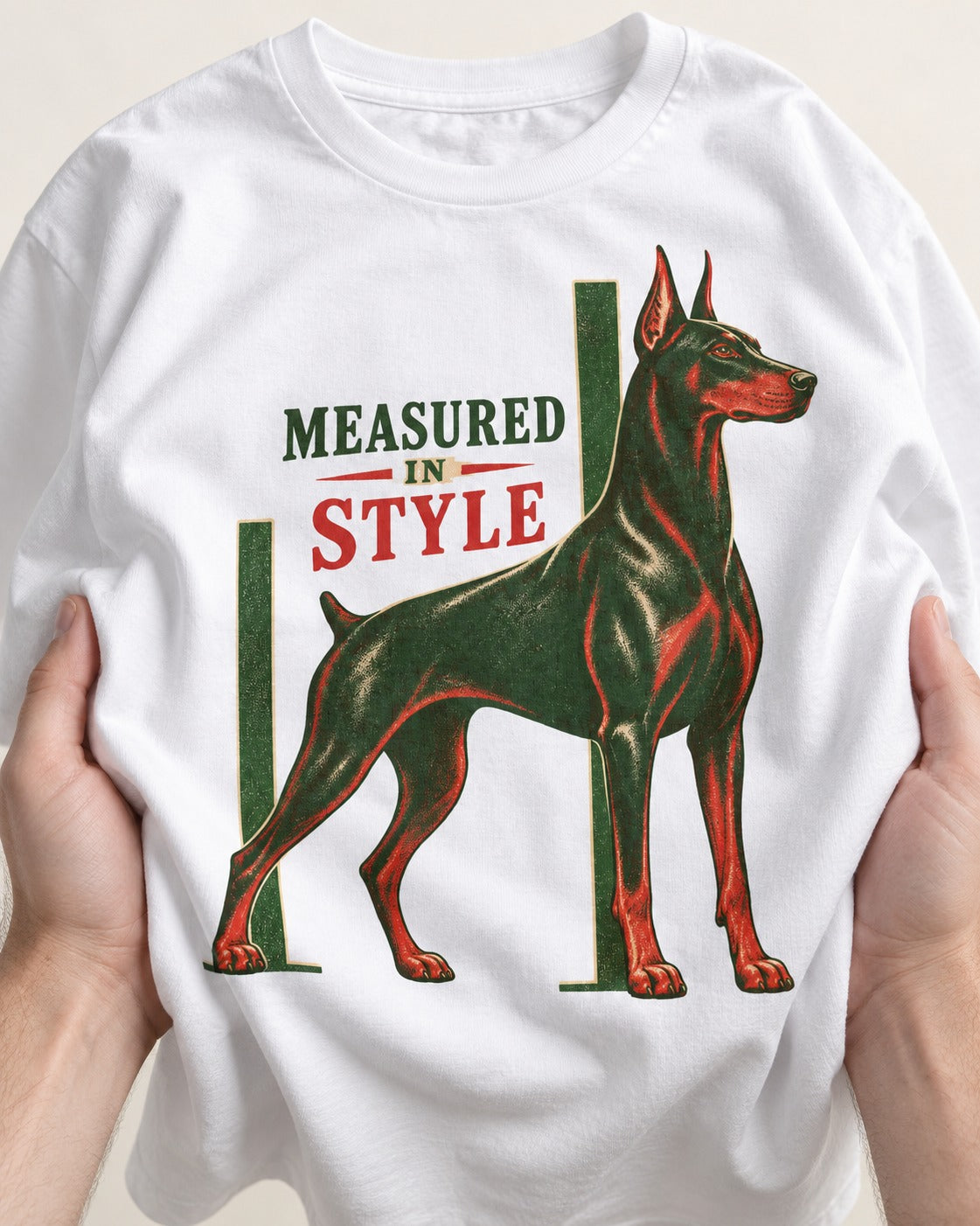 Measured in Doberman T-Shirt in White, close-up of the graphic