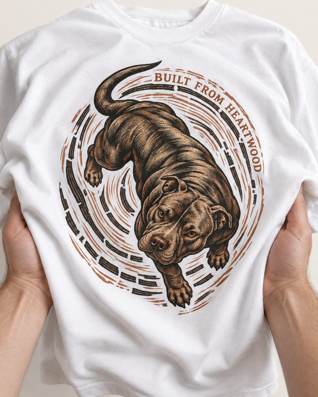 Pitbull Built From Heartwood T-Shirt in White, close-up of the graphic