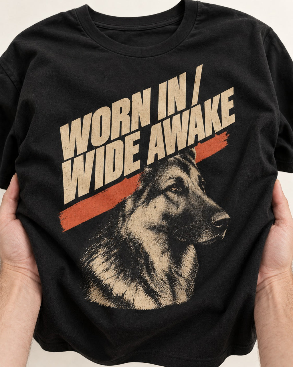 Worn In Wide Awake Portrait German Shepherd Dog Graphic T-Shirt in Black, close-up of the graphic