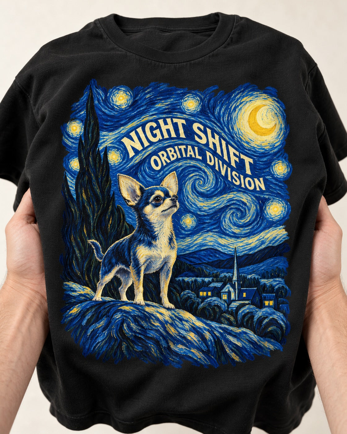 Chihuahua Night Shift Orbital Division Starry Night Graphic T-Shirt in Black, close-up of the graphic