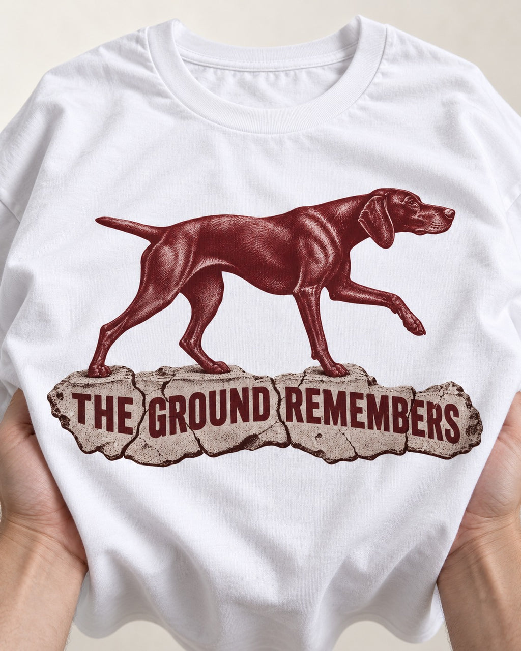 The Ground Remembers German Shorthaired Pointer T-Shirt in White, close-up of the graphic