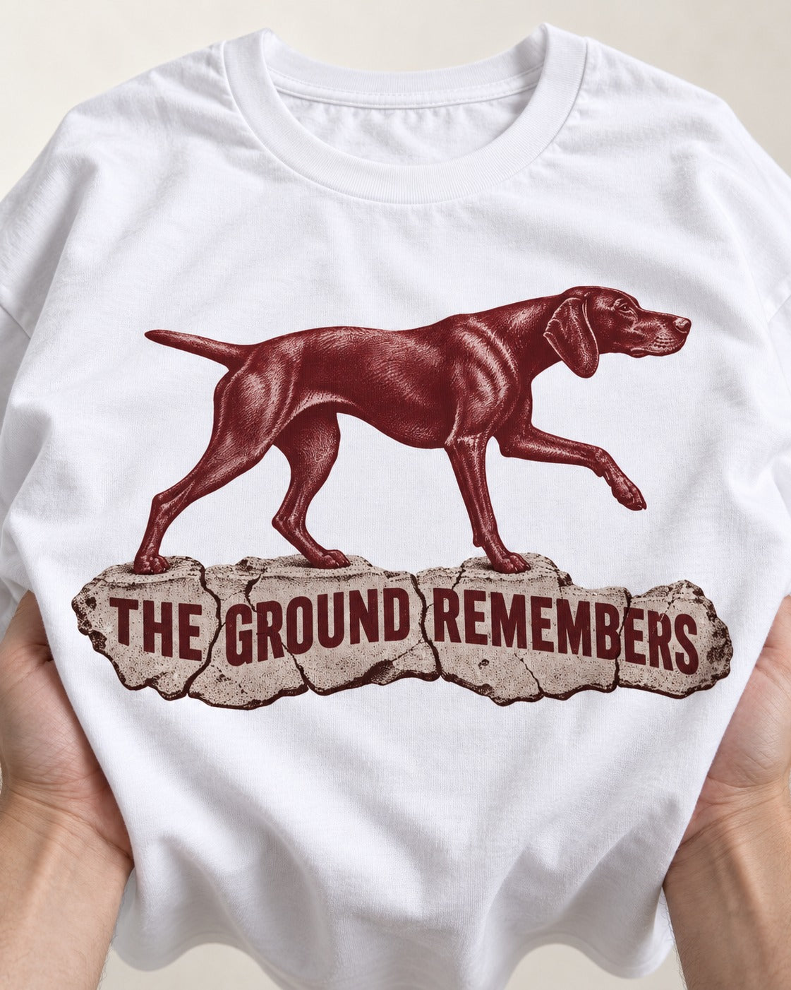 The Ground Remembers German Shorthaired Pointer T-Shirt in White, close-up of the graphic