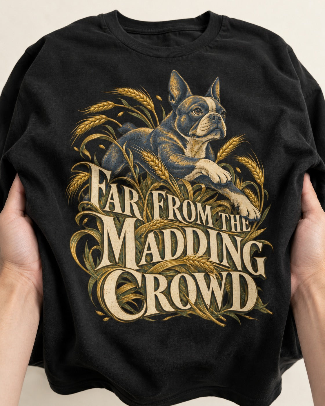 Far From the Madding Crowd Boston Terrier T-Shirt in Black, close-up of the graphic