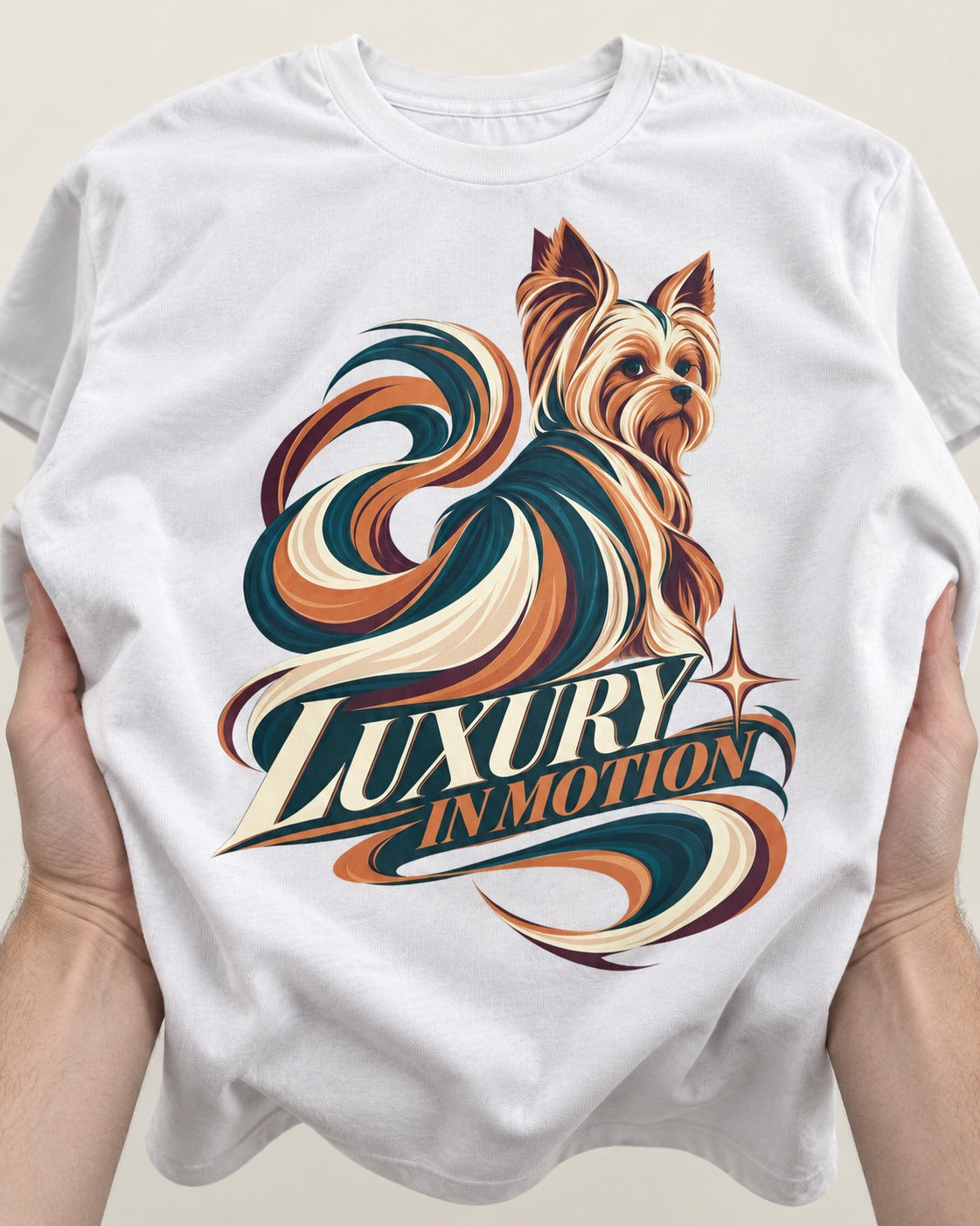 Yorkshire Terrier Luxury in Motion T-Shirt in White, close-up of the graphic