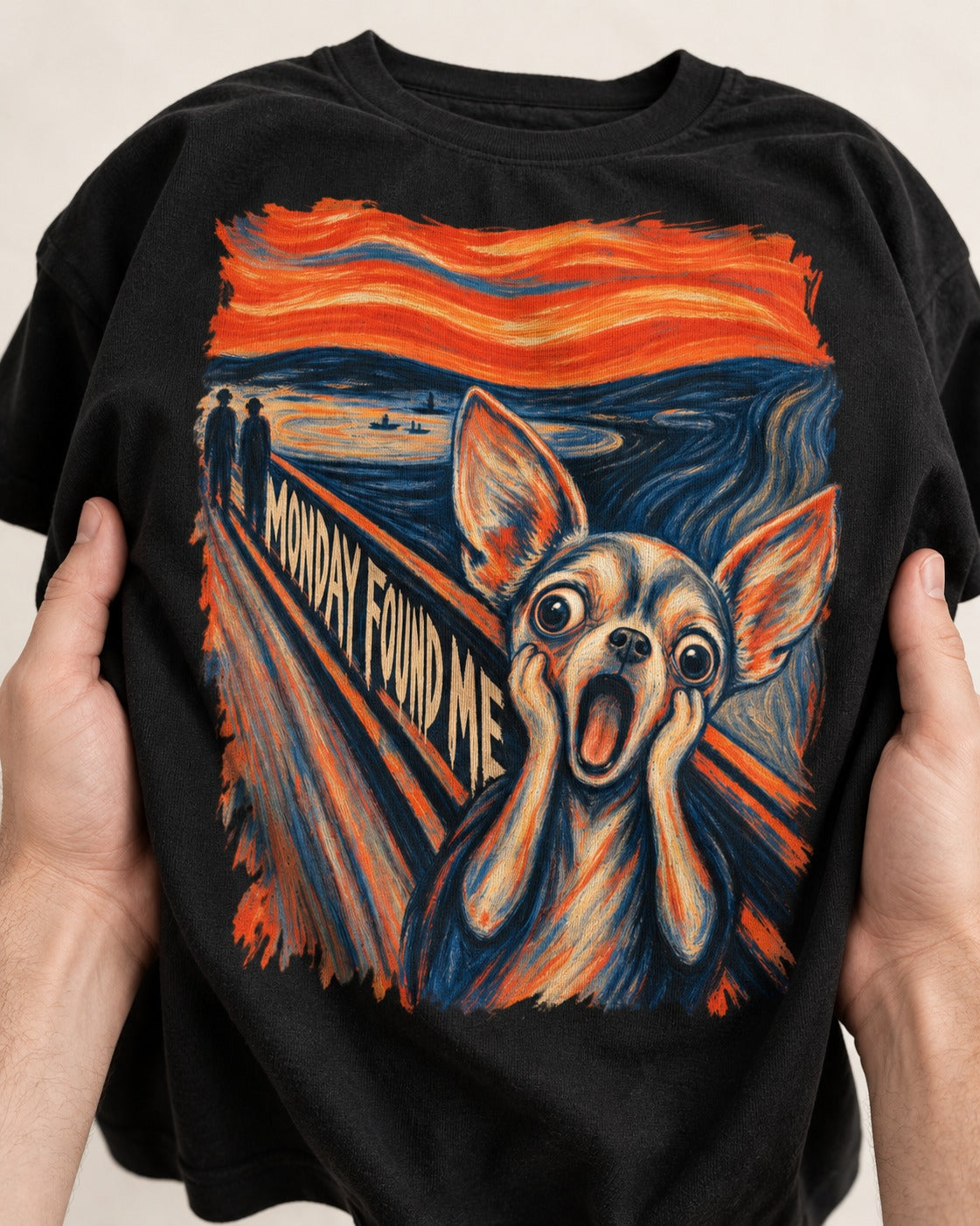 Monday Found Me Chihuahua Scream Path T-Shirt in Black, close-up of the graphic