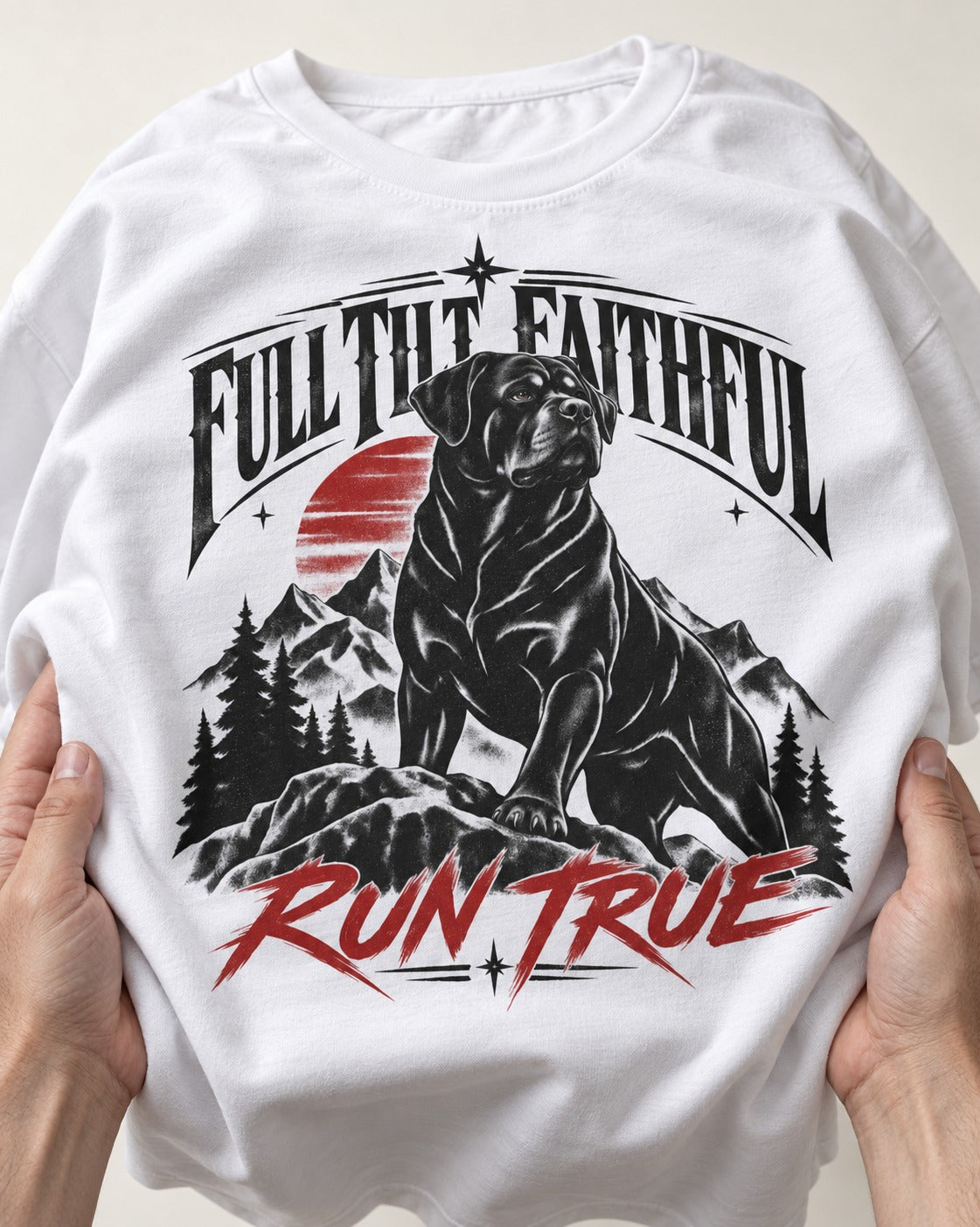 Run True Rottweiler T-Shirt in White, close-up of the graphic
