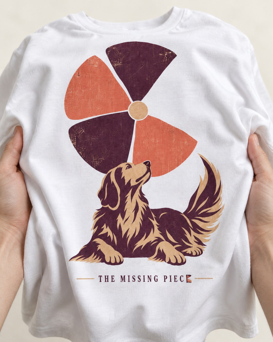 Golden Retriever Is My Missing Piece T-Shirt in White, close-up of the graphic