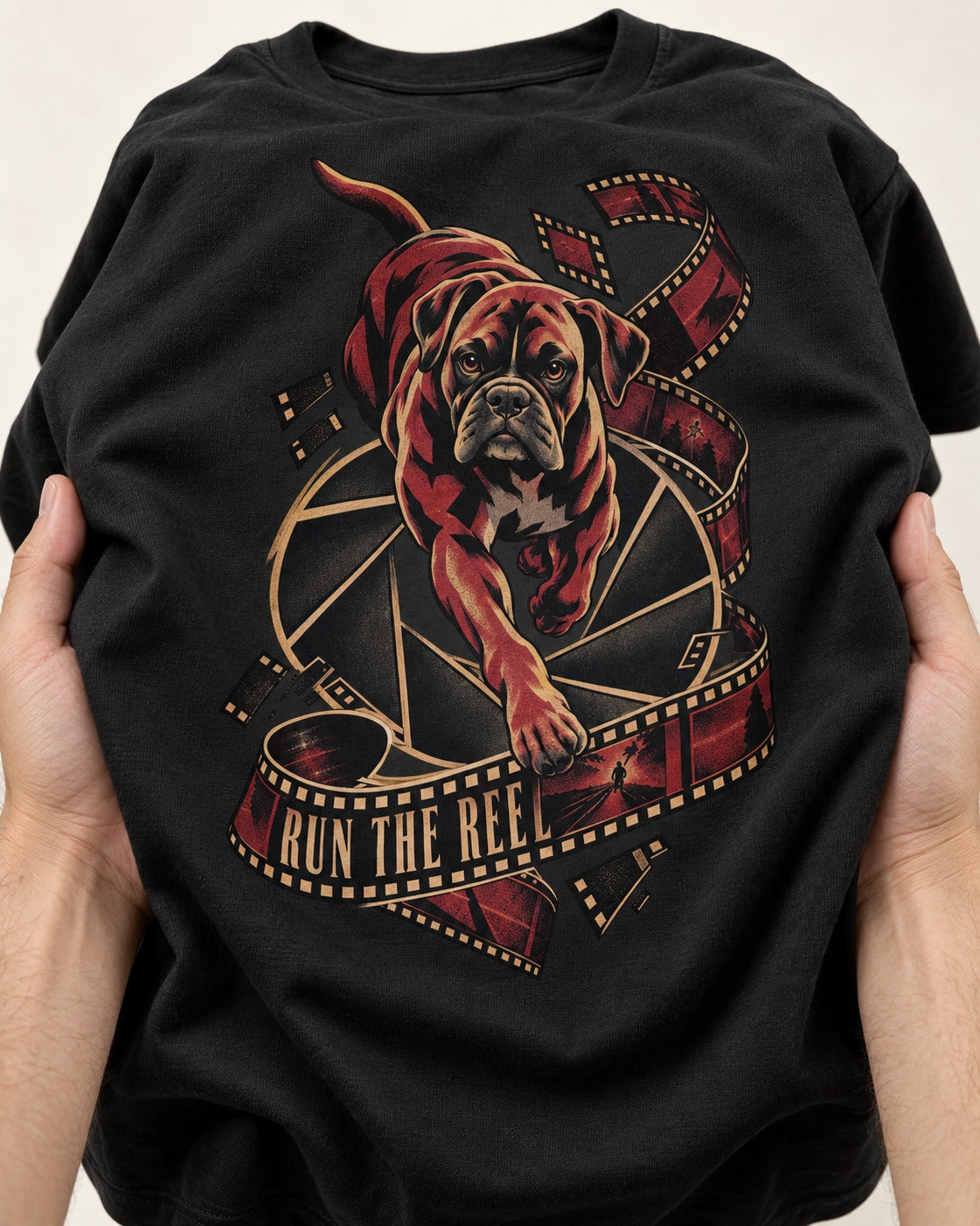 Run the Reel Boxer Film Graphic T-Shirt in Black, close-up of the graphic