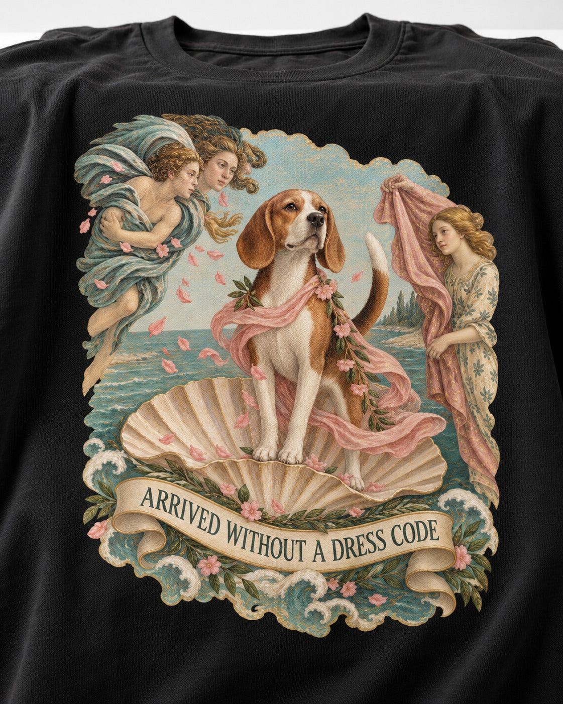 Beagle Arrived Without A Dress Code T-Shirt in Black, close-up of the graphic