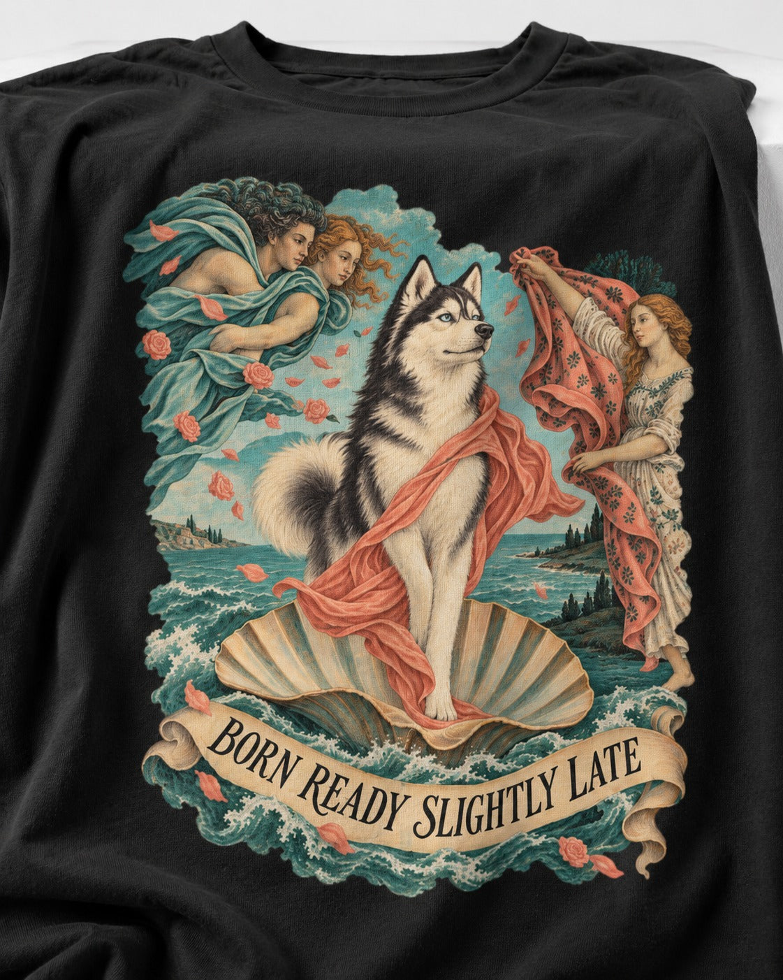 Husky Born Ready Slightly Late Renaissance Graphic T-Shirt in Black, close-up of the graphic