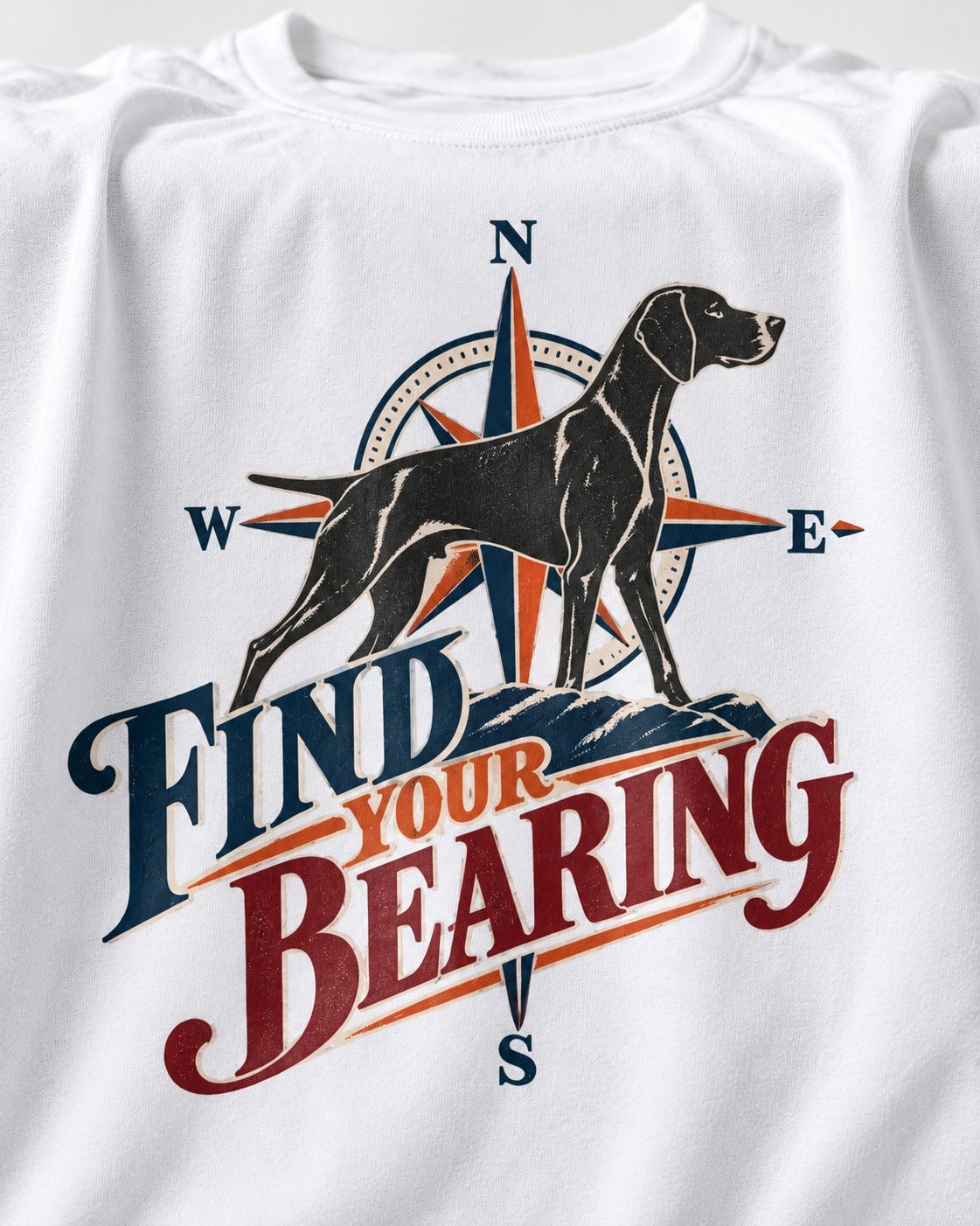 Find Your Bearing German Shorthaired Pointer T-Shirt in White, close-up of the graphic