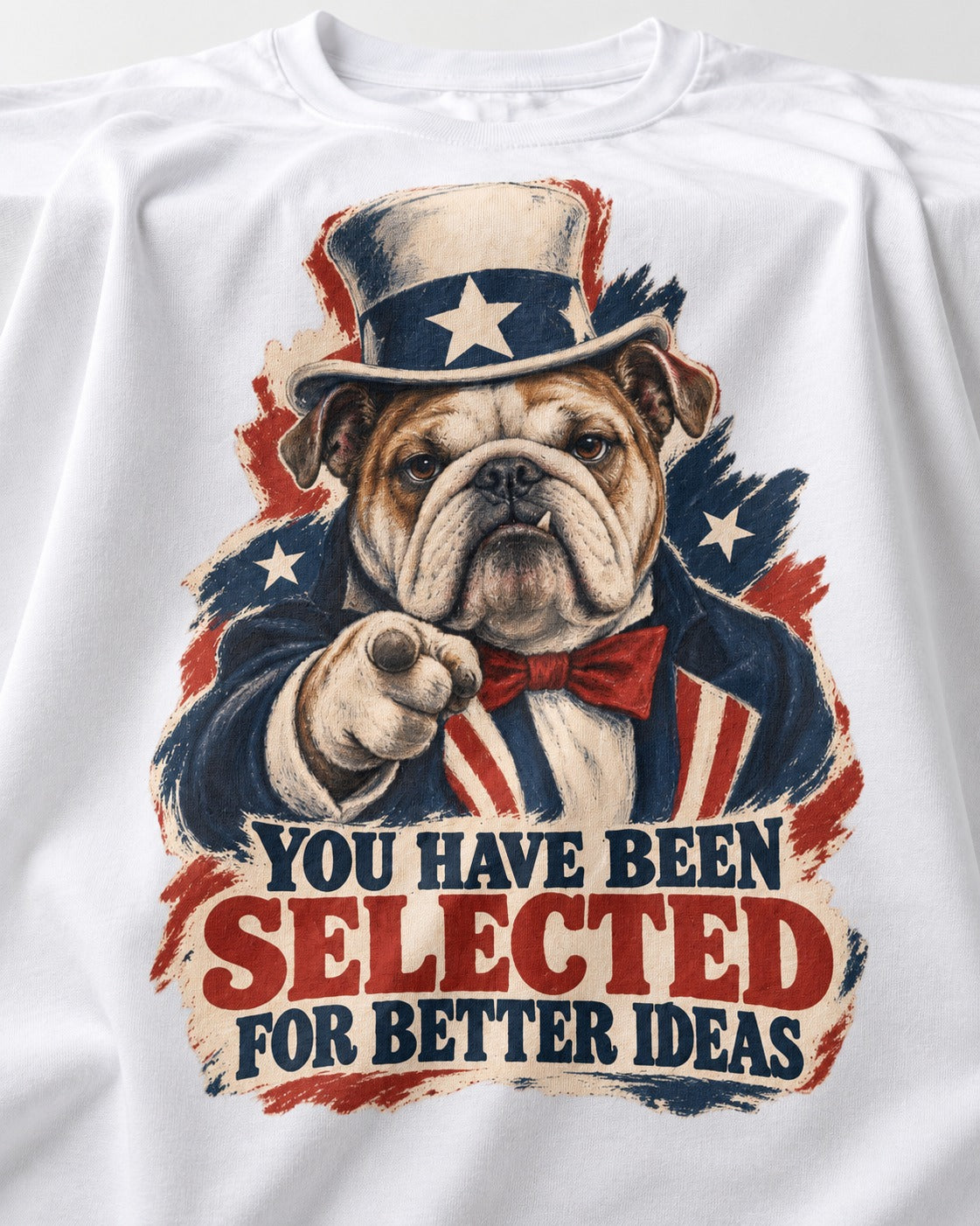 English Bulldog Selected for Better Ideas T-Shirt in White, close-up of the graphic