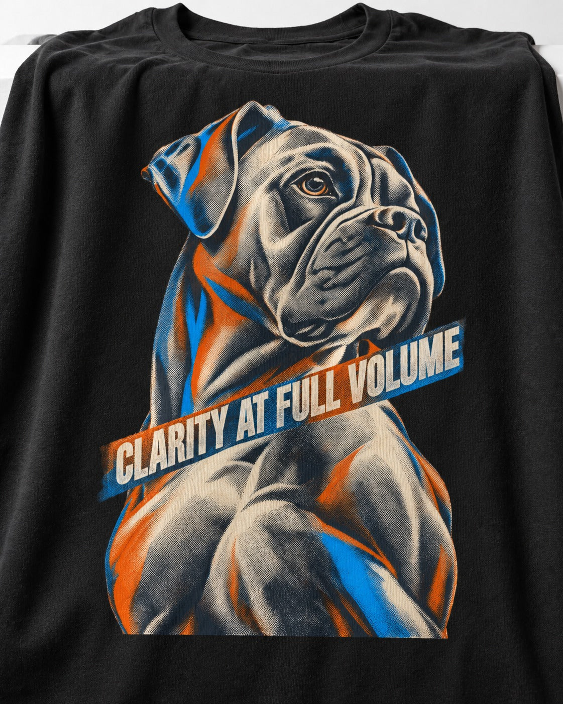 Clarity at Full Volume Boxer Portrait T-Shirt in Black, close-up of the graphic