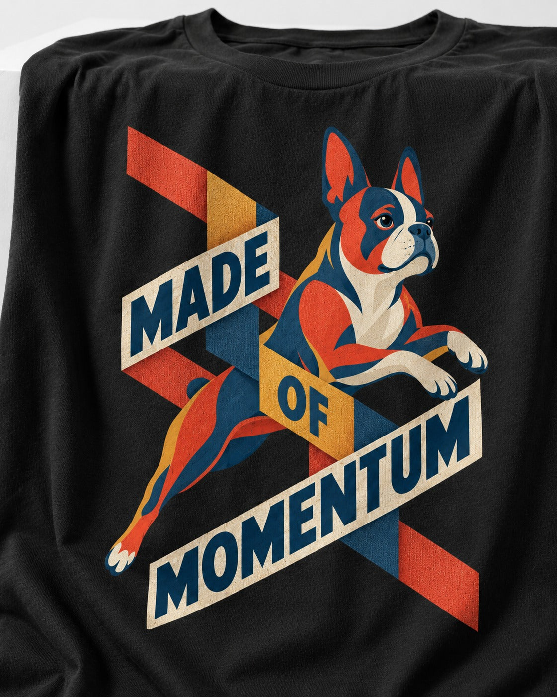 Made of Momentum Boston Terrier T-Shirt in Black, close-up of the graphic