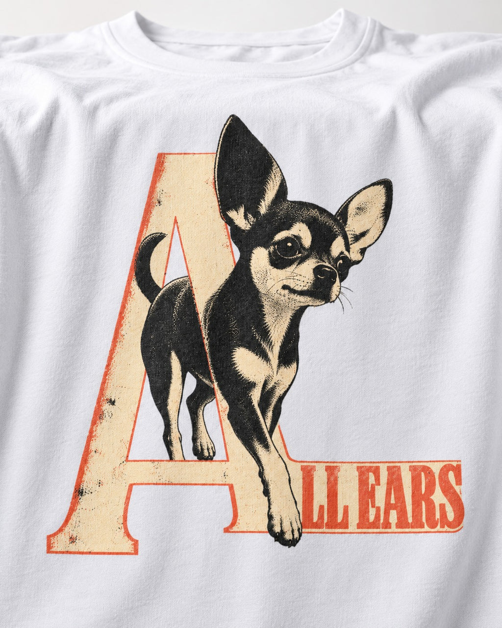 All Ears Chihuahua T-Shirt in White, close-up of the graphic