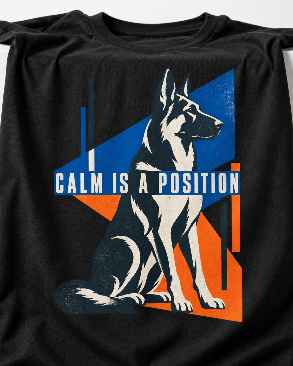 Calm Is A Position Geometric German Shepherd Dog Graphic T-Shirt in Black, close-up of the graphic