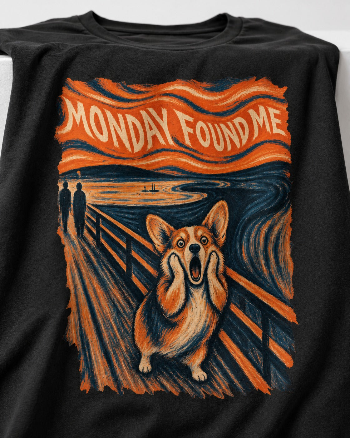 Corgi Monday Found Me Scream Banner T-Shirt in Black, close-up of the graphic