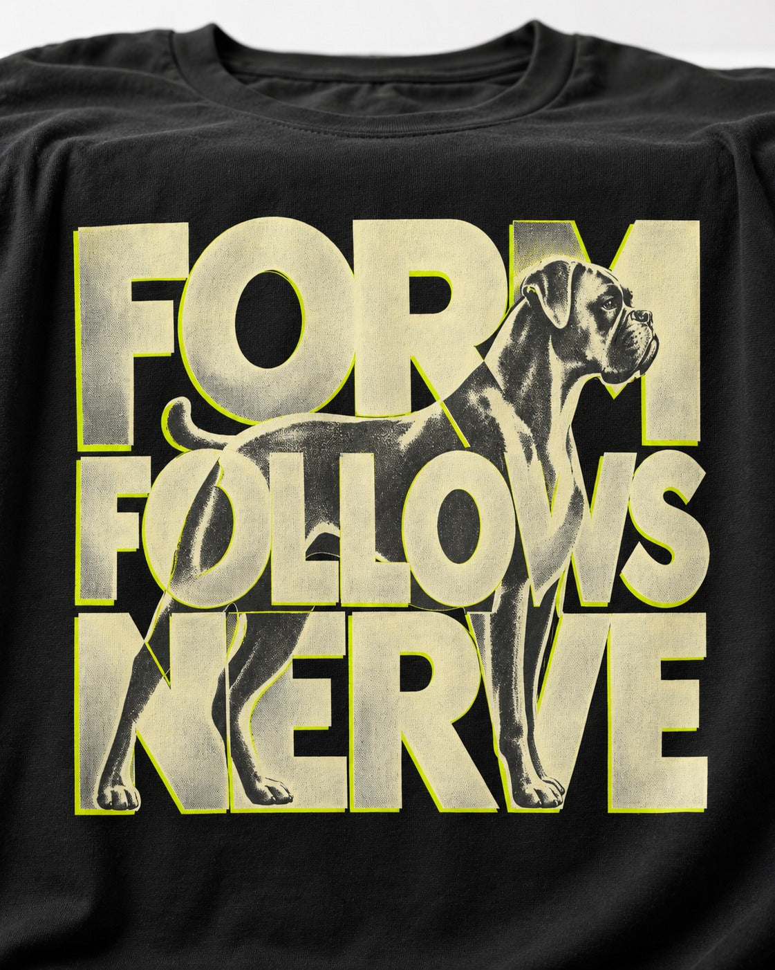 Form Follows Nerve Boxer Typography T-Shirt in Black, close-up of the graphic
