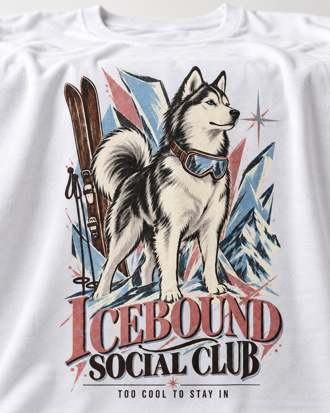 Icebound Husky T-Shirt in White, close-up of the graphic