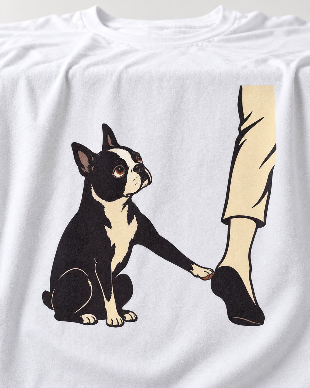 Boston Terrier Stay with Me T-Shirt in White, close-up of the graphic
