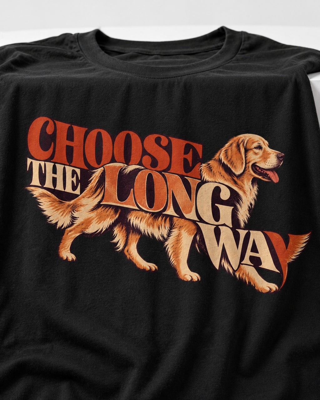 Golden Retriever Choose The Long Way Retro Graphic T-Shirt in Black, close-up of the graphic