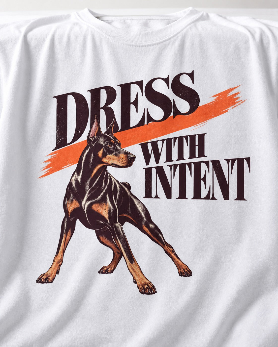 Doberman Dress with Intent T-Shirt in White, close-up of the graphic