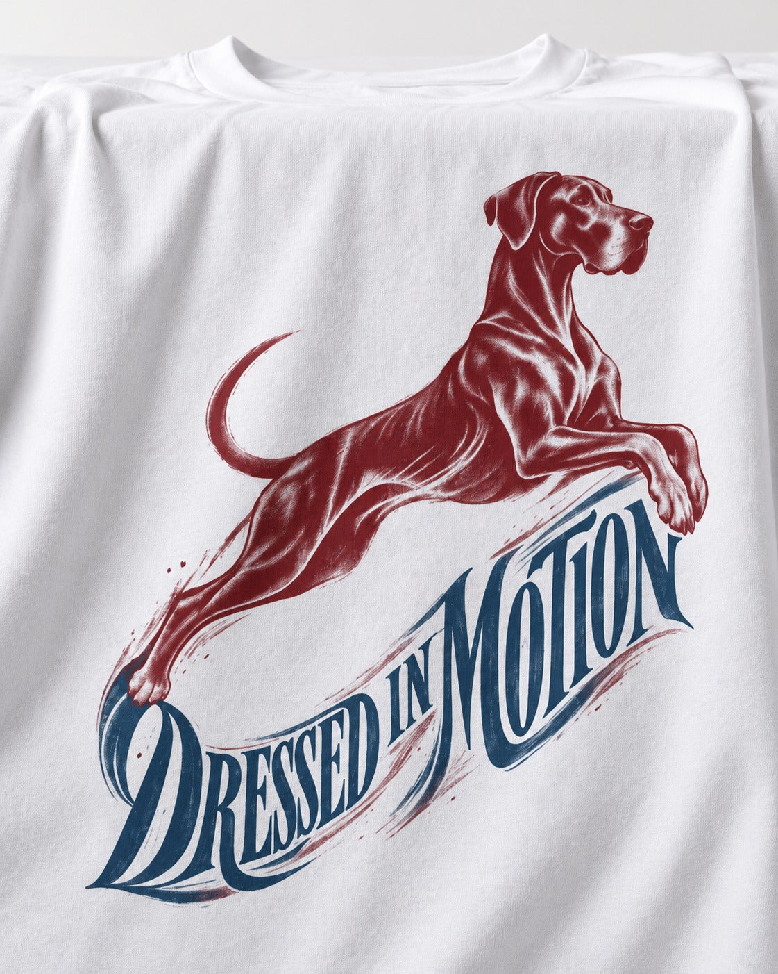 Great Dane Dressed in Motion T-Shirt in White, close-up of the graphic