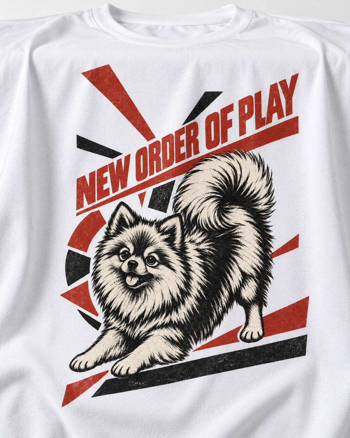 Pomeranian Order of Play T-Shirt in White, close-up of the graphic