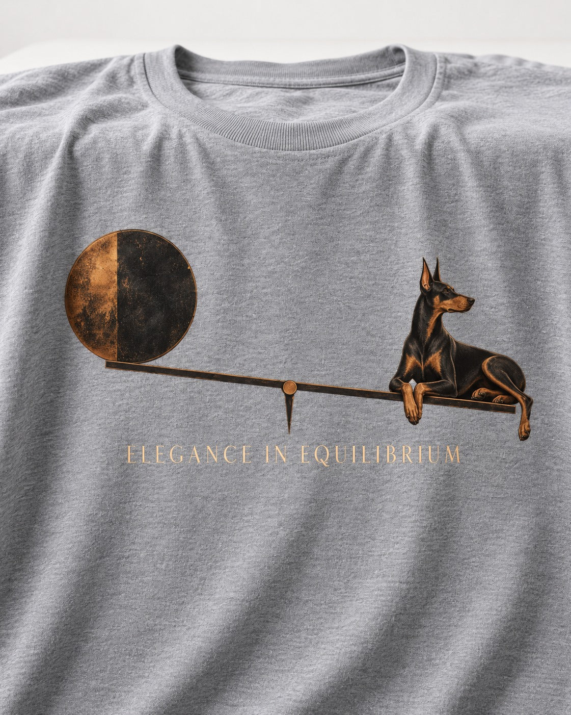 Doberman Elegance in Equilibrium Balance Graphic T-Shirt in Sport Grey, close-up of the graphic