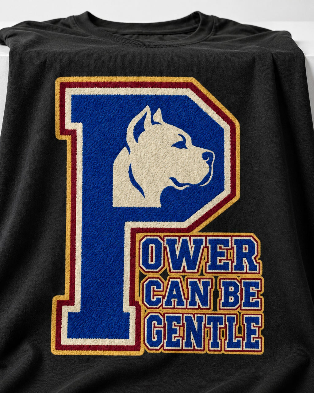 Pitbull Power Can Be Gentle Varsity Graphic T-Shirt in Black, close-up of the graphic