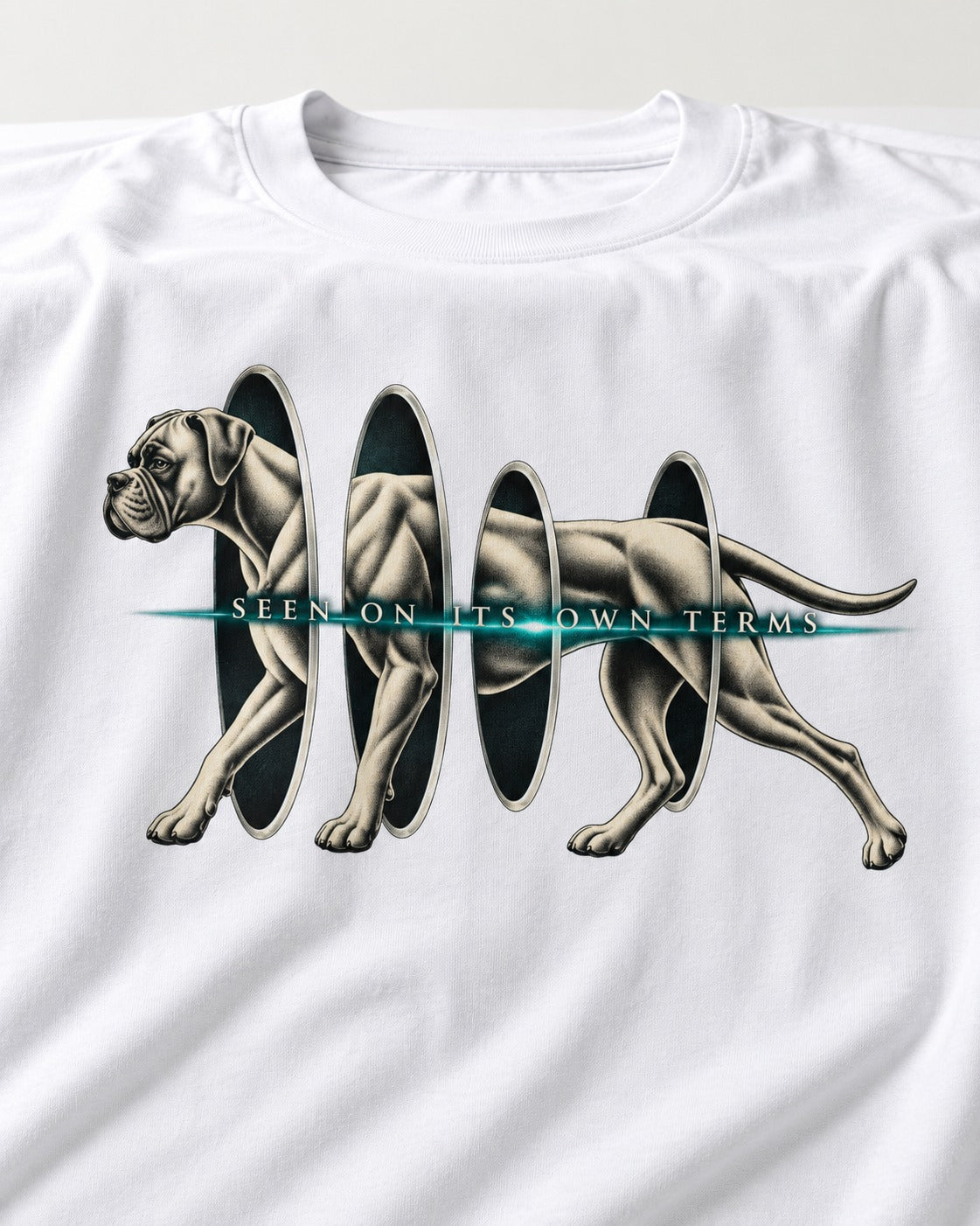 Boxer On Its Own Terms T-Shirt in White, close-up of the graphic
