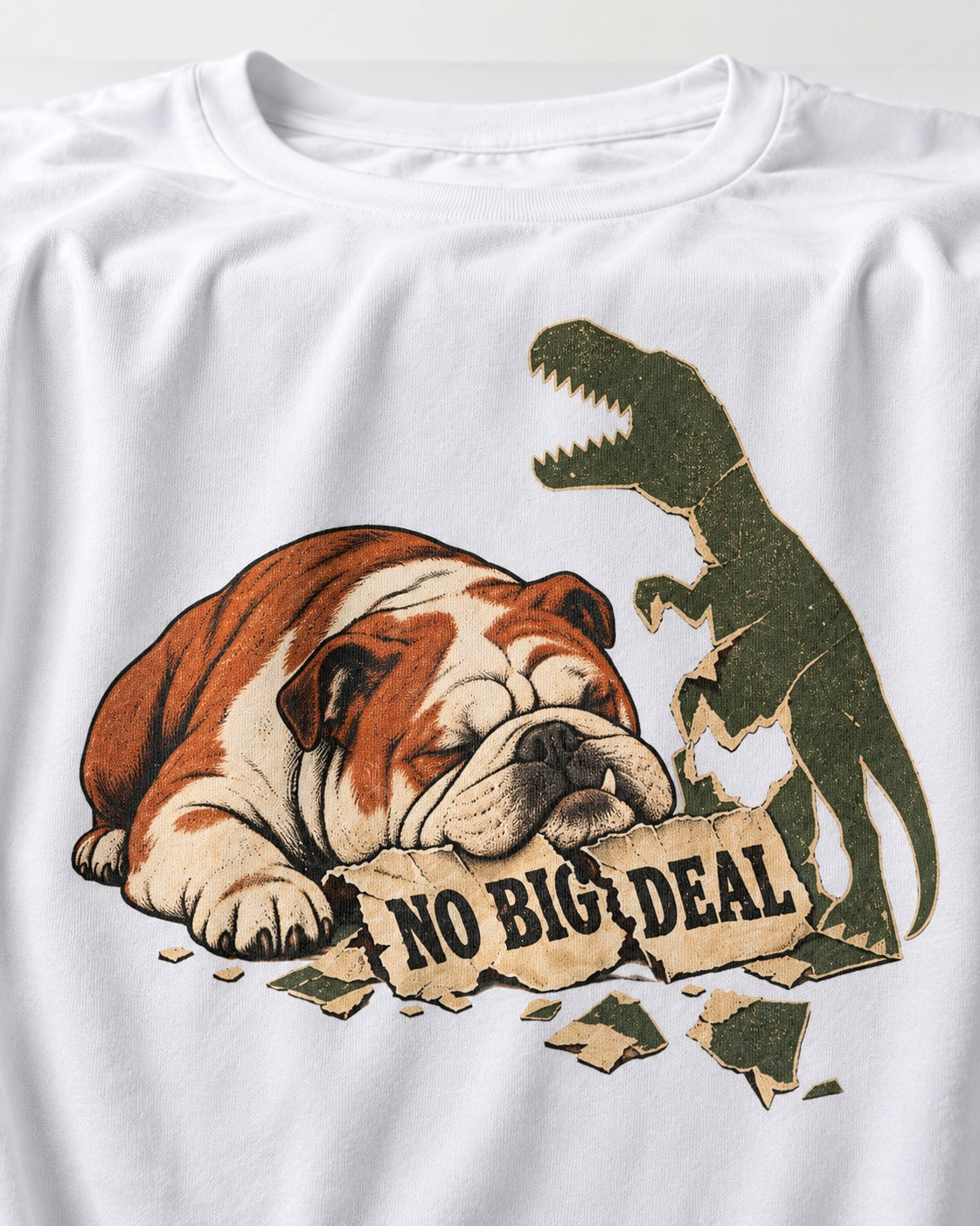 English Bulldog No Big Deal T-Shirt in White, close-up of the graphic