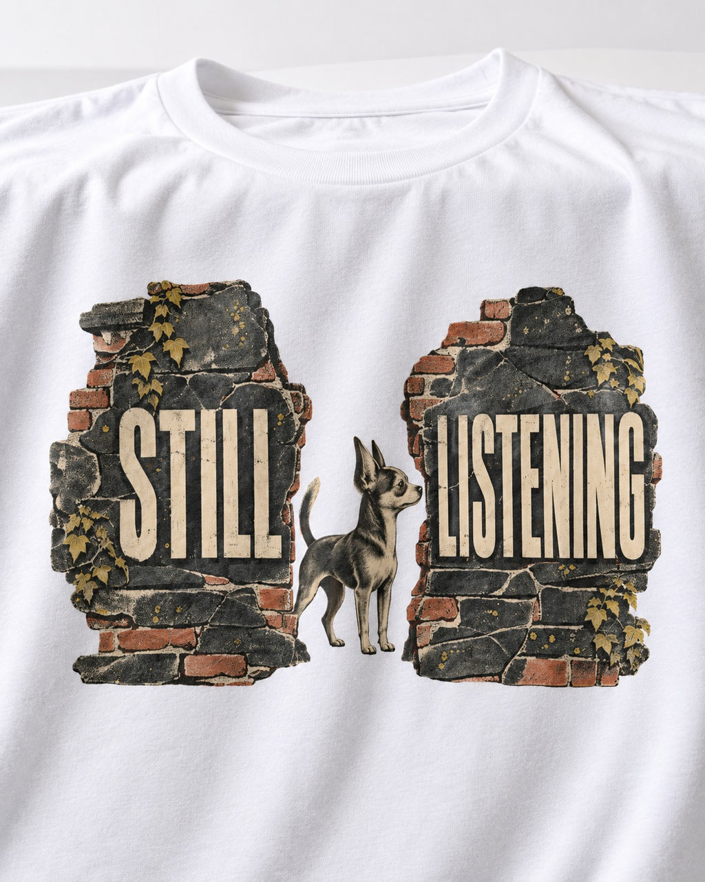 Chihuahua Still Listening T-Shirt in White, close-up of the graphic
