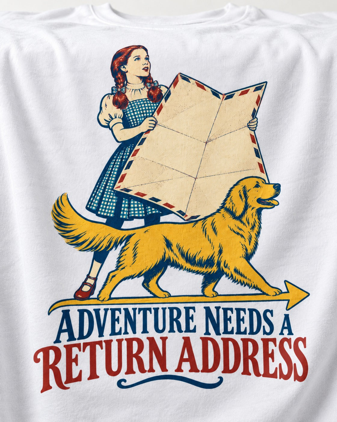 Golden Retriever Return Address T-Shirt in White, close-up of the graphic