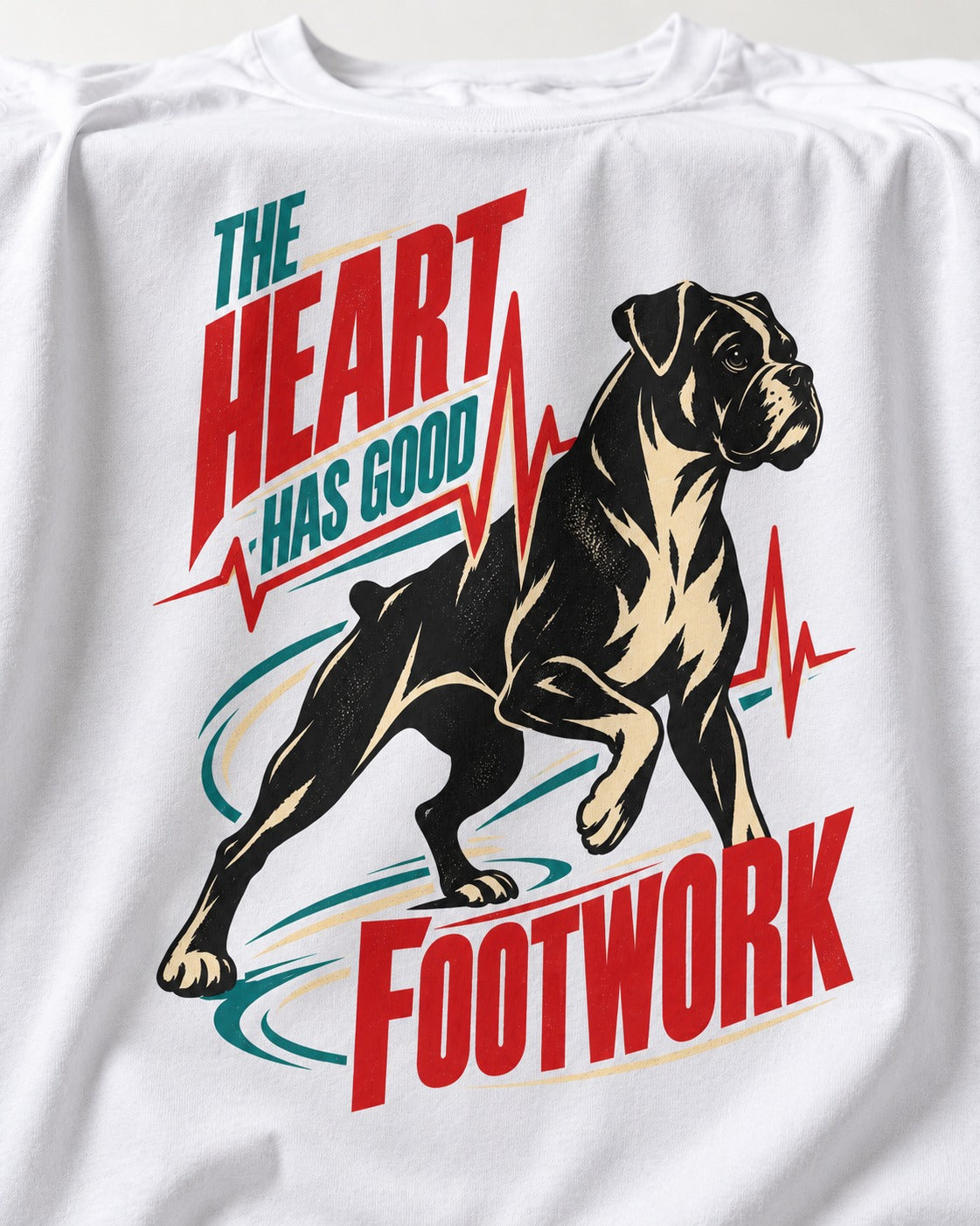 Boxer Heart Has Good Footwork T-Shirt in White, close-up of the graphic