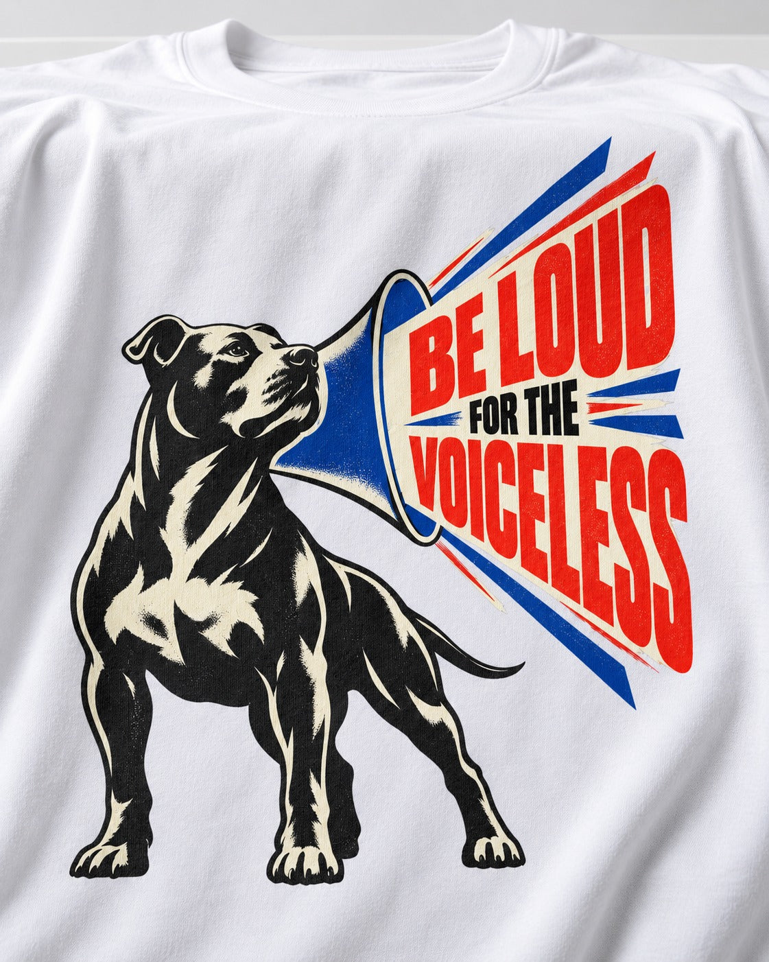 Pitbull For the Voiceless T-Shirt in White, close-up of the graphic