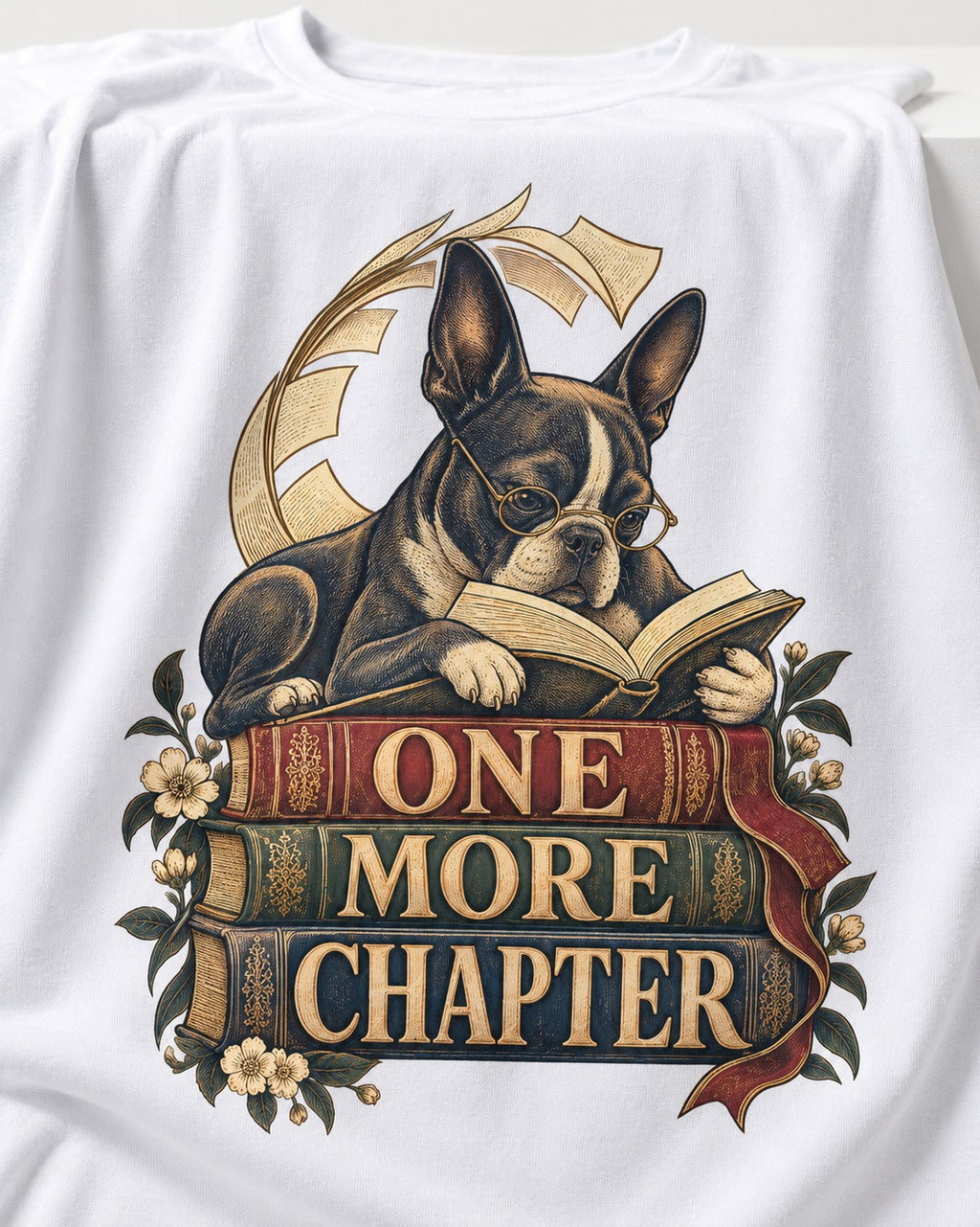 One More Chapter Boston Terrier T-Shirt in White, close-up of the graphic
