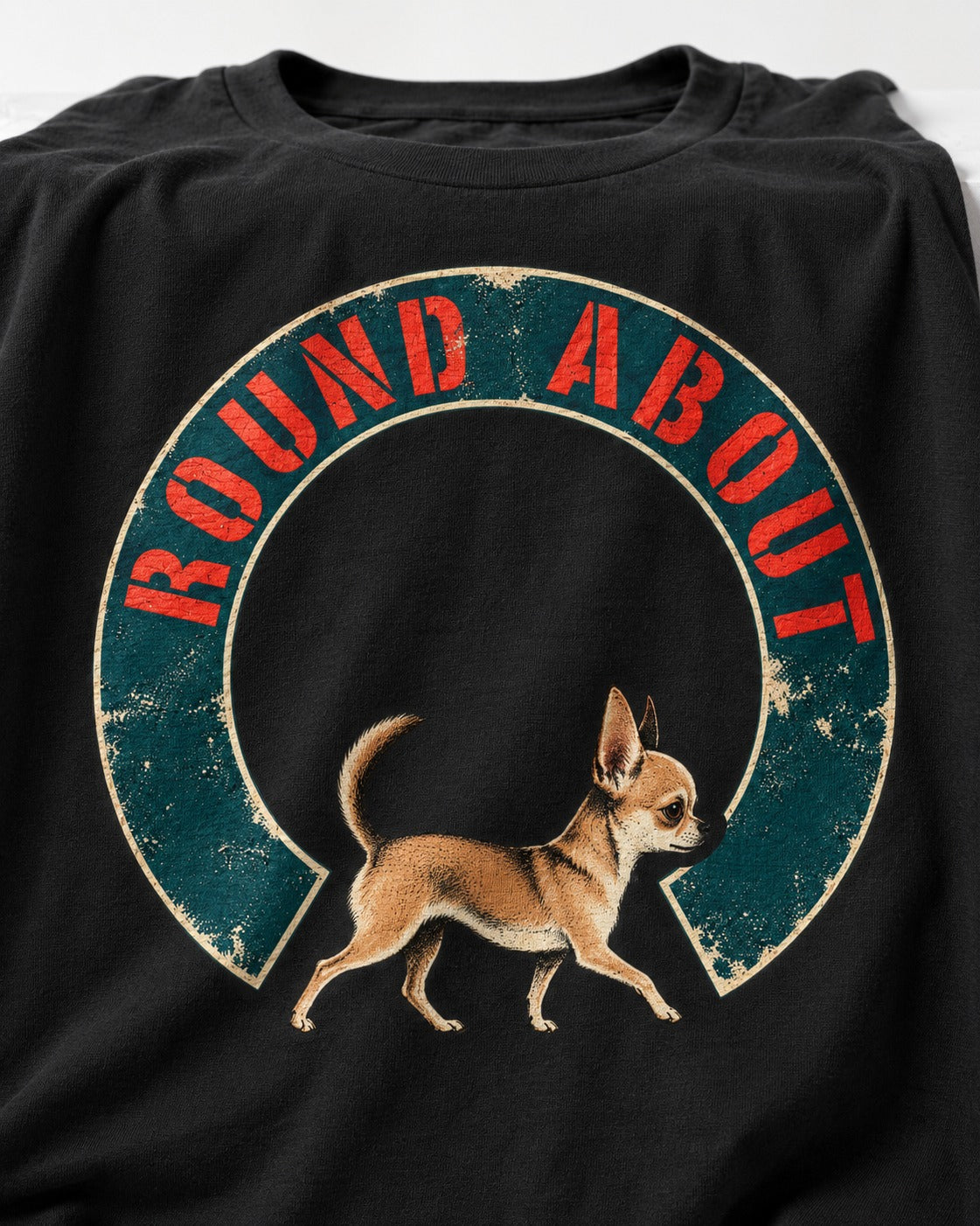 Round About Chihuahua Emblem Graphic T-Shirt in Black, close-up of the graphic