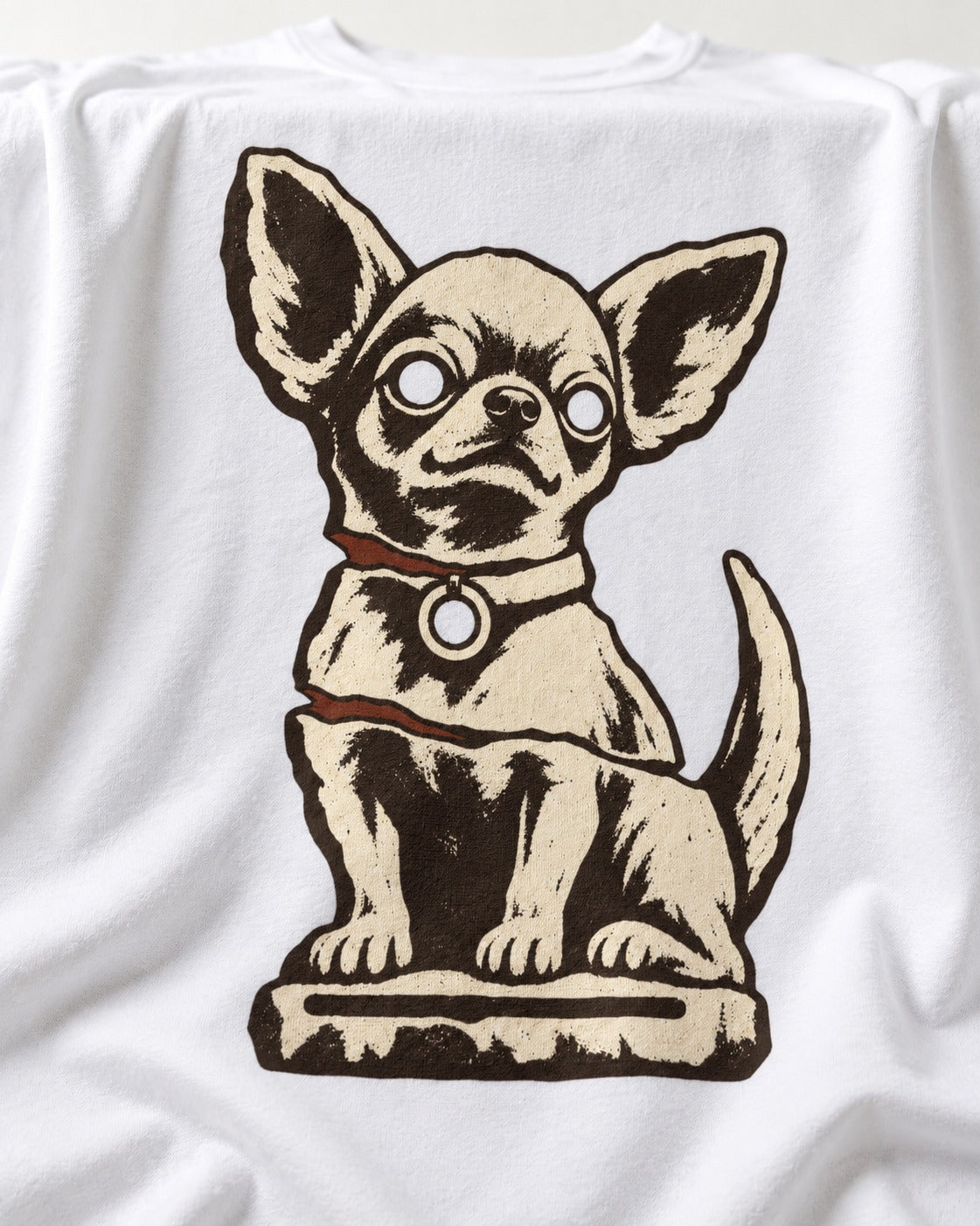 Chihuahua's Eternal Vigil T-Shirt in White, close-up of the graphic