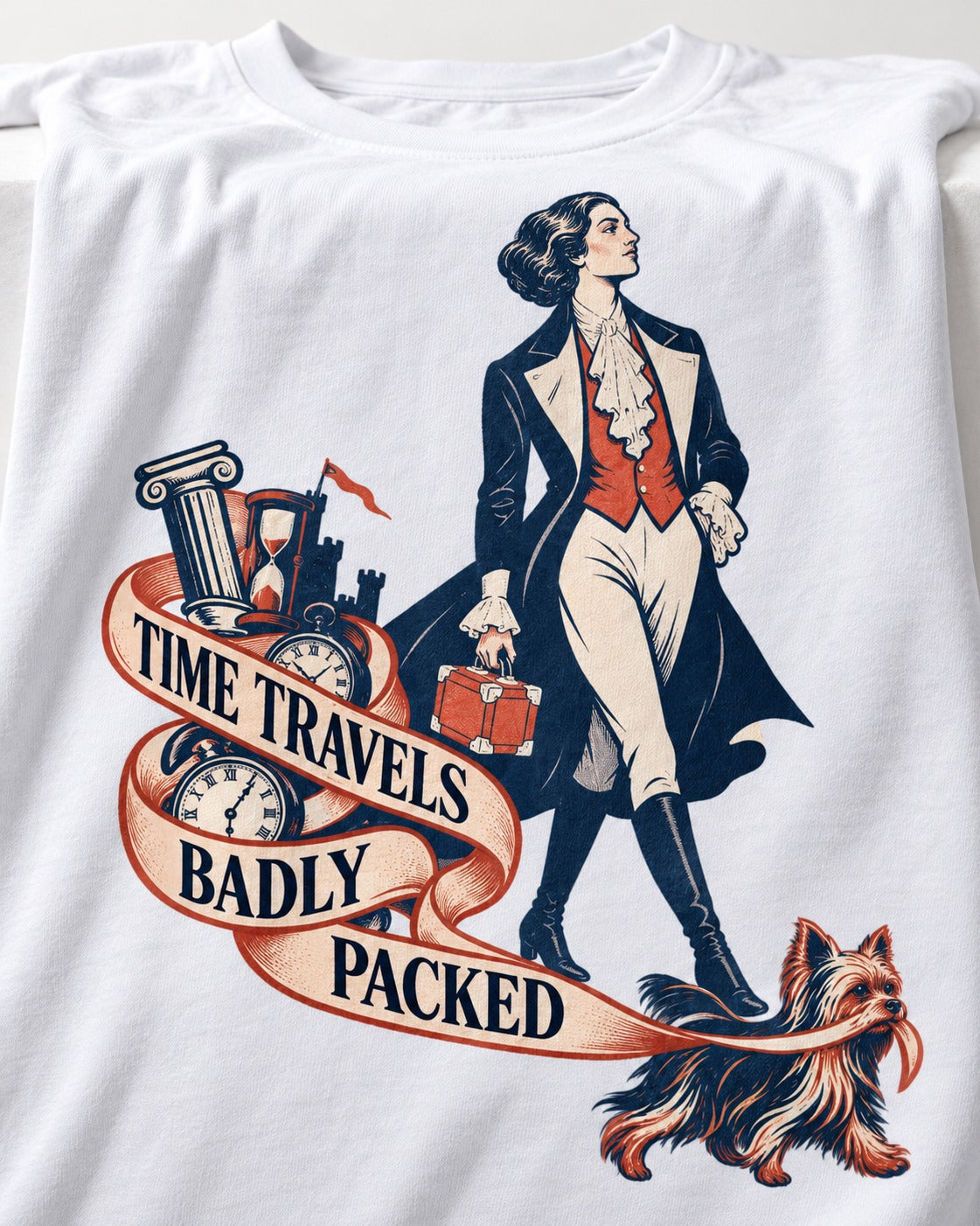 Time Travels Badly Packed Yorkshire Terrier T-Shirt in White, close-up of the graphic