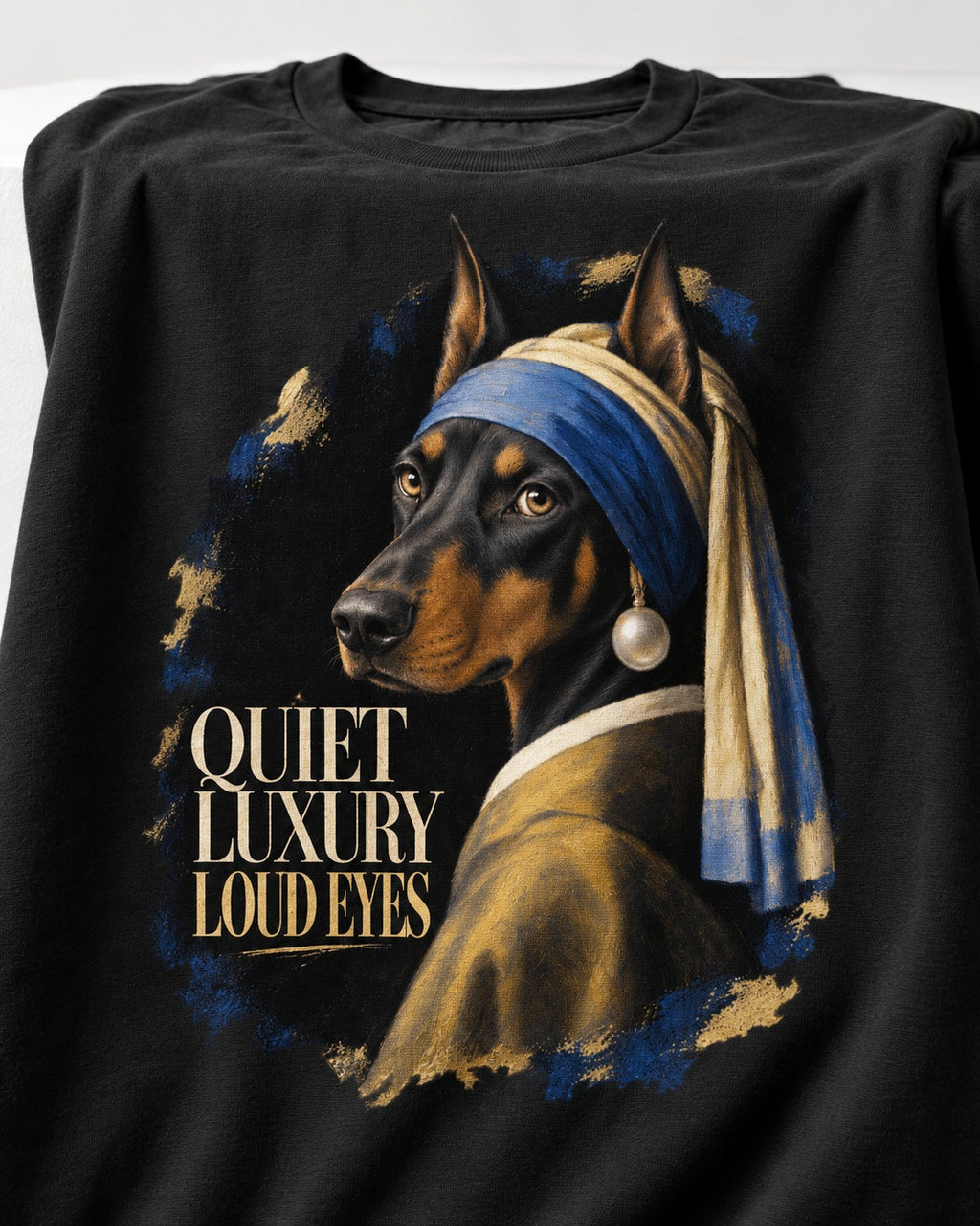 Doberman Quiet Luxury Loud Eyes Pearl Portrait Graphic T-Shirt in Black, close-up of the graphic